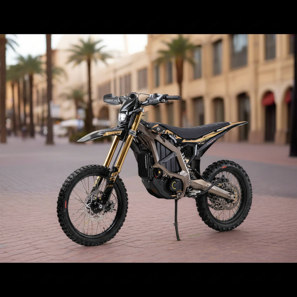 Motorcycle on a city street with palm trees and buildings