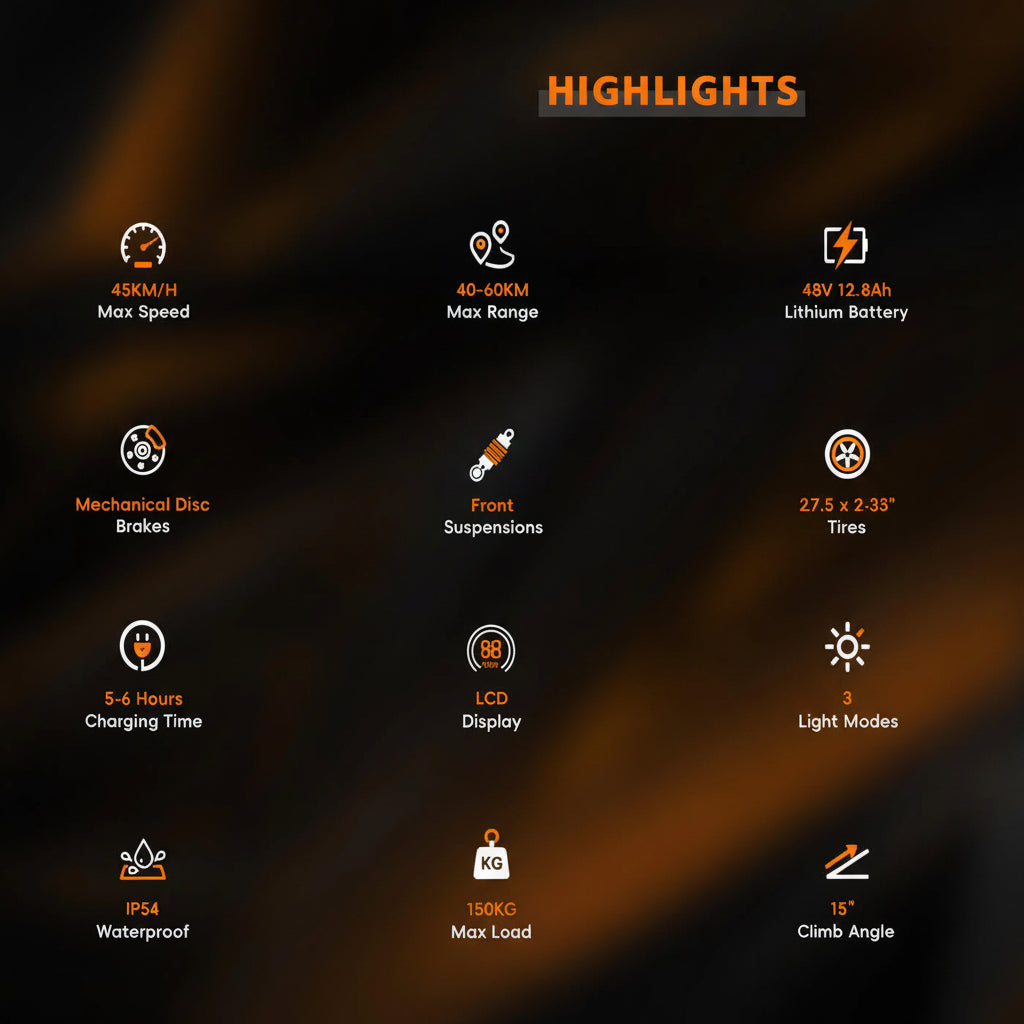 List of product highlights with icons and text on a dark background