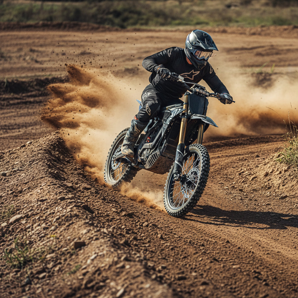 A person rides on Altis Sigma MX 23kW high-performance electric dirt bike 23 kW Motor Off Road Electric Motorcycle