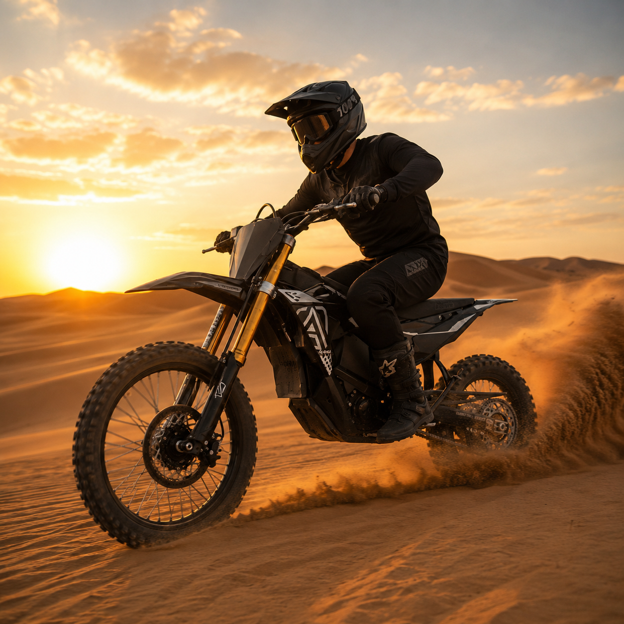 Rrider wearing premium motocross safety gear riding the High-performance electric MX bike with adjustable off-road suspension