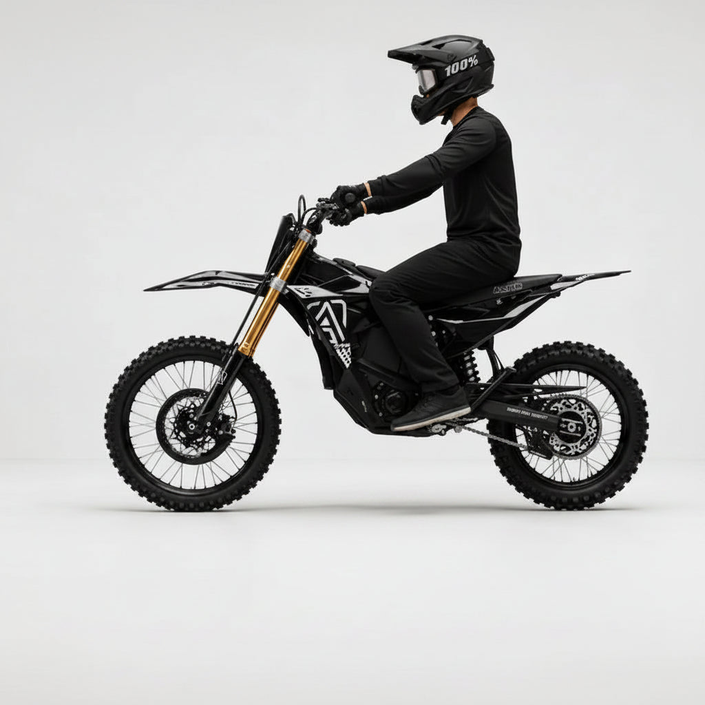 A person in black riding gear sits on a black Altis Sigma MX electric motocross bike with 97.2V 35Ah battery