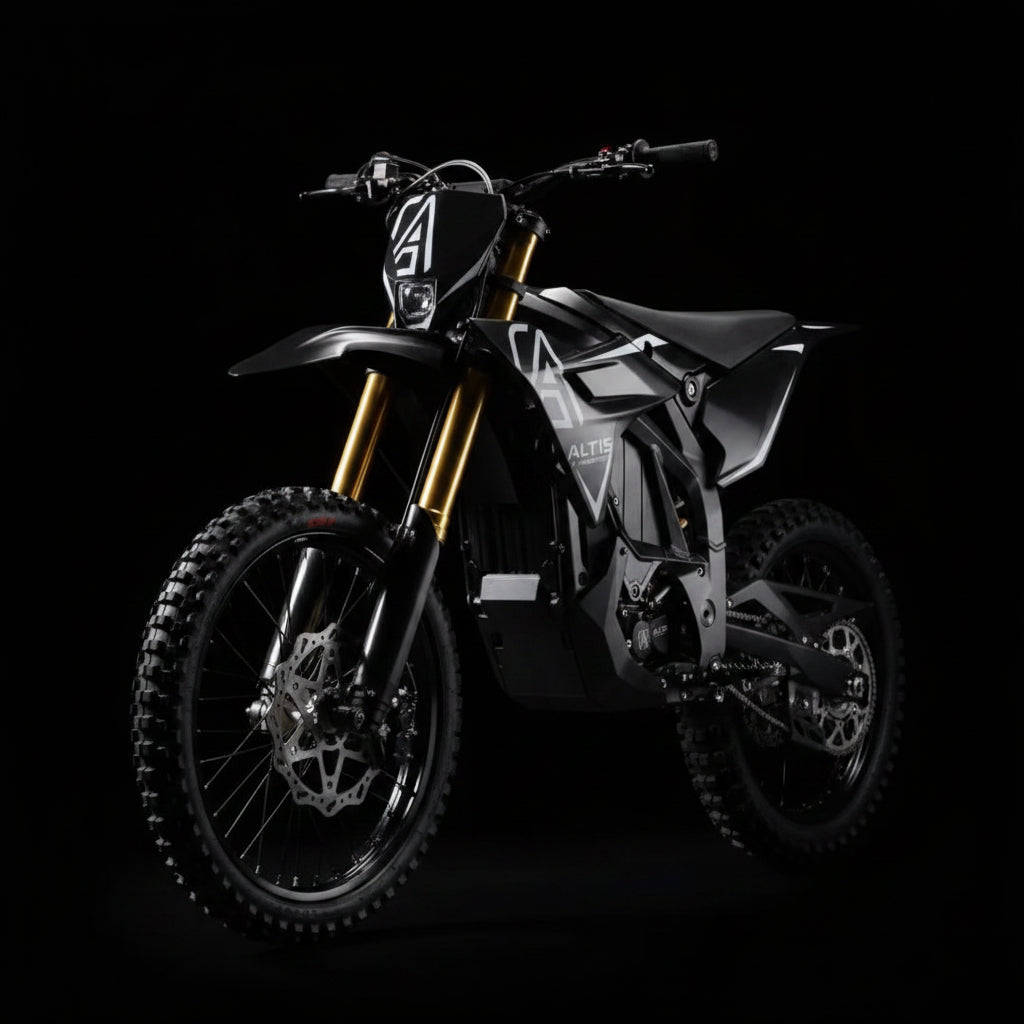 Close-up of a black Altis Sigma MX Electric Dirt Bike 