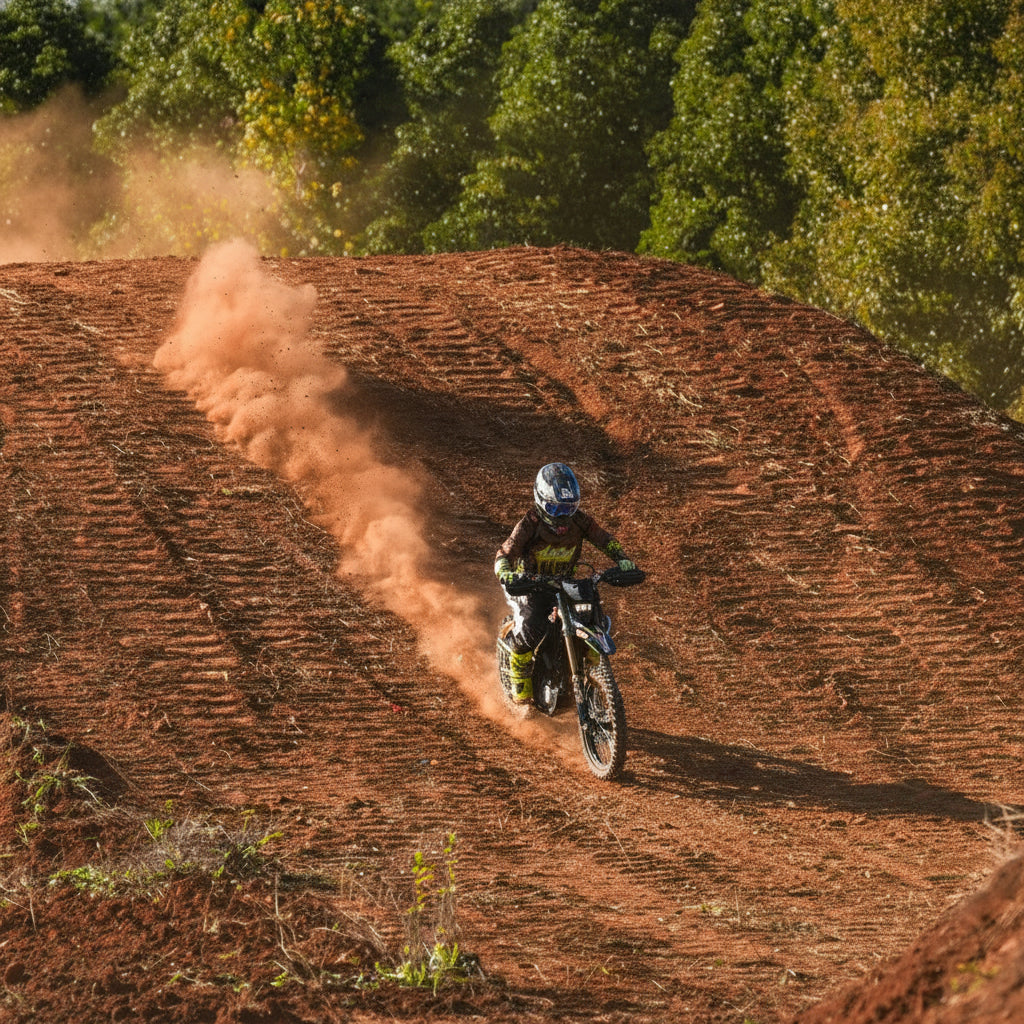 A person riding a Cross bike on a dirt track 