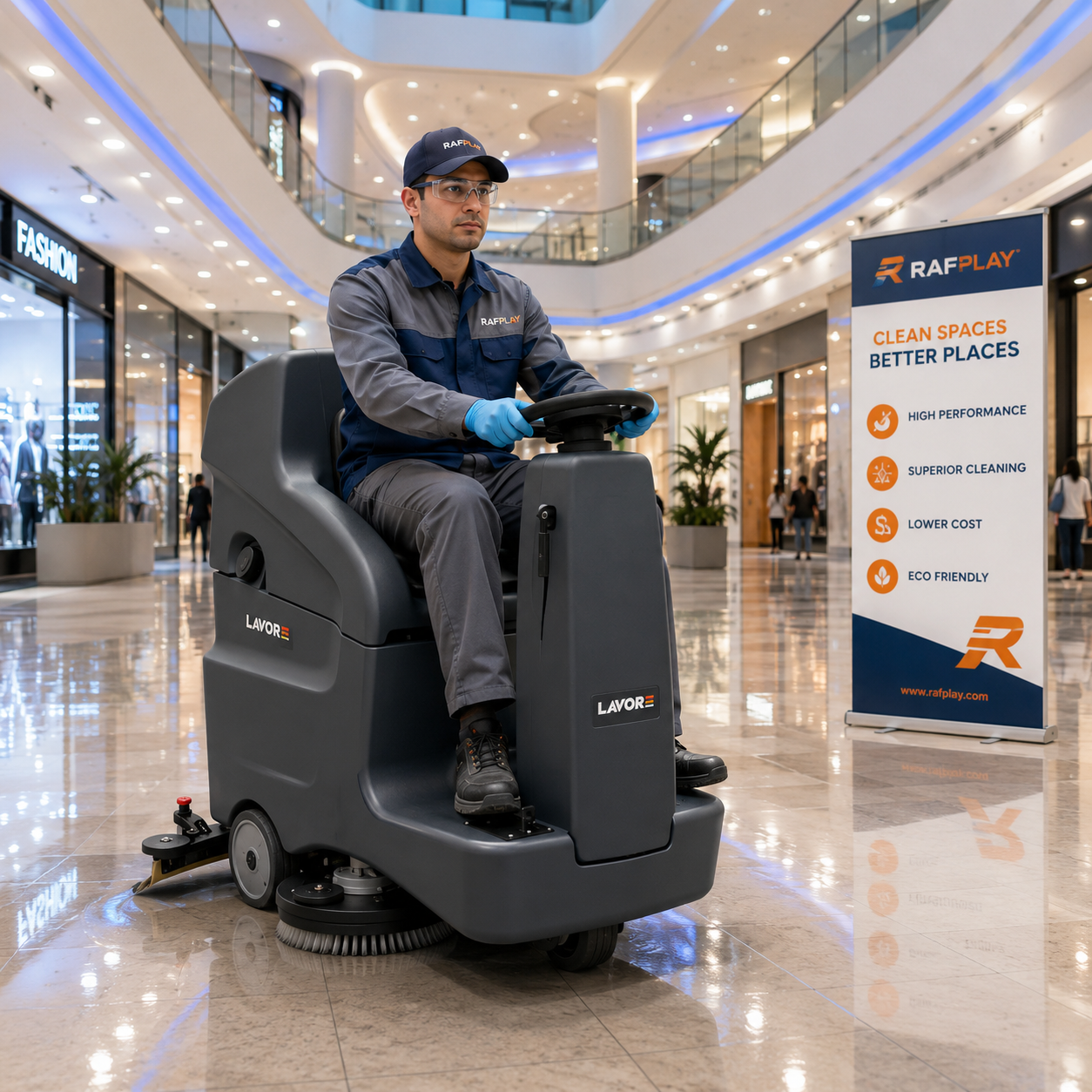 A Man Grey BRAVO 3250 Floor Scrubber Drier cleans in a shopping mall