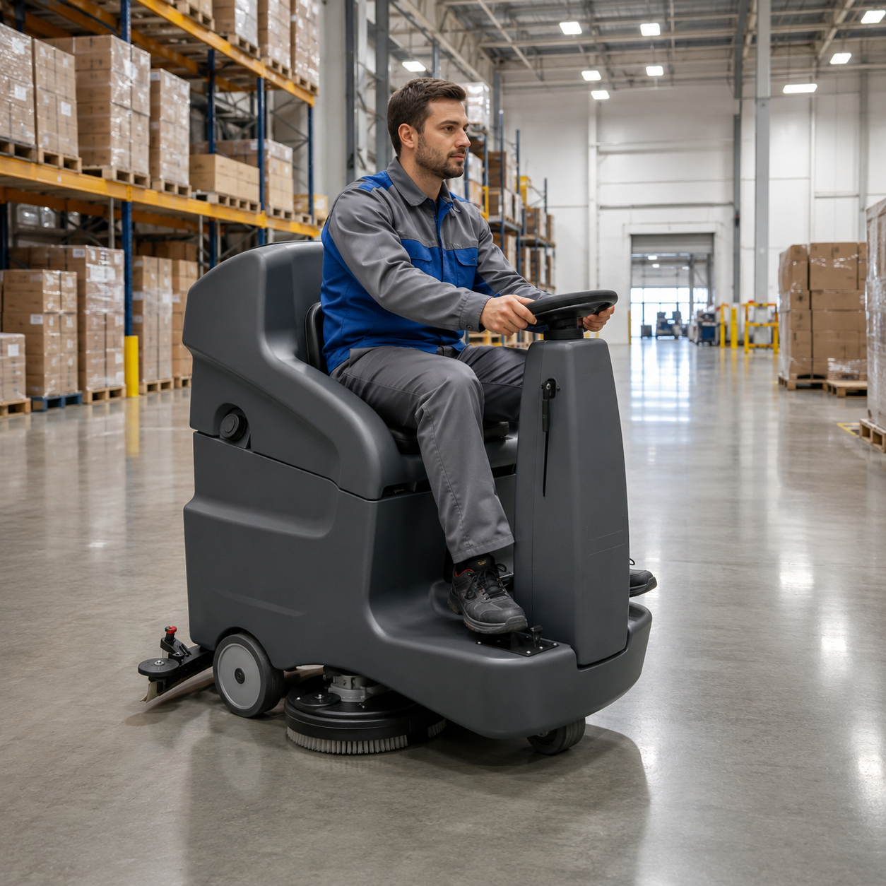 Professional operator using the Megawheels BRAVO 3250 ride-on floor scrubber in warehouse