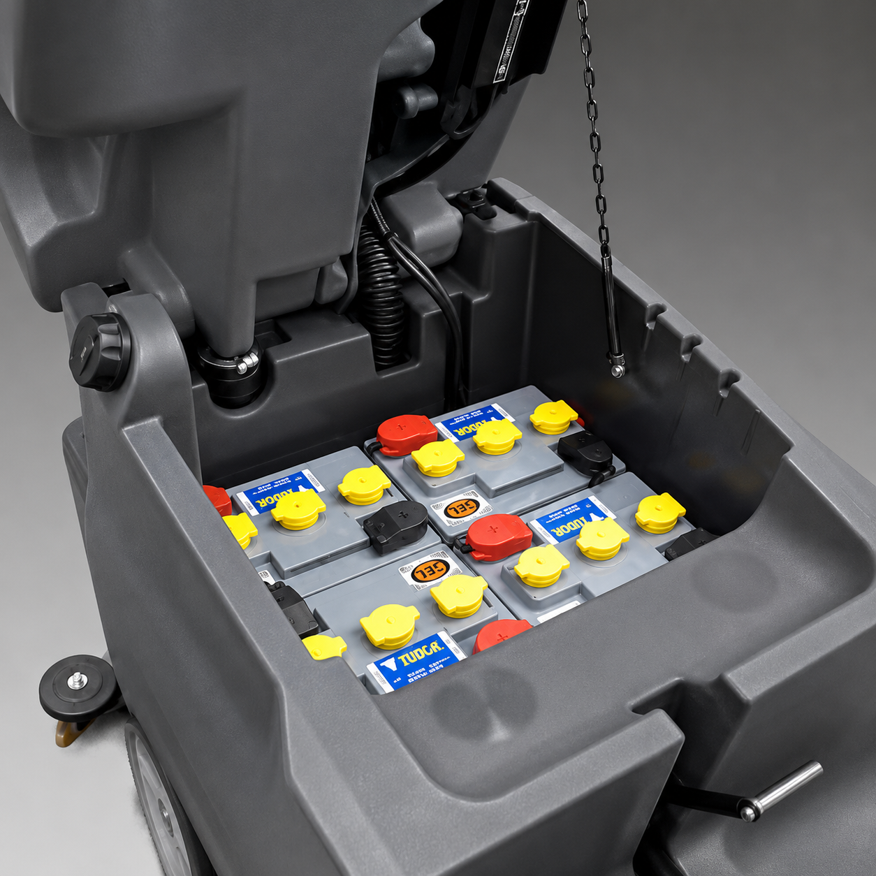 Close-up of multiple grey batteries of Megawheels BRAVO 3250 Ride-On Floor Scrubber Drier