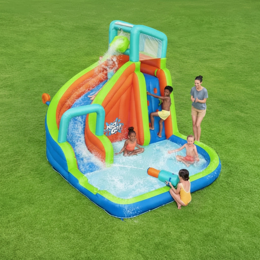 Children playing around a colorful inflatable water slide and pool 