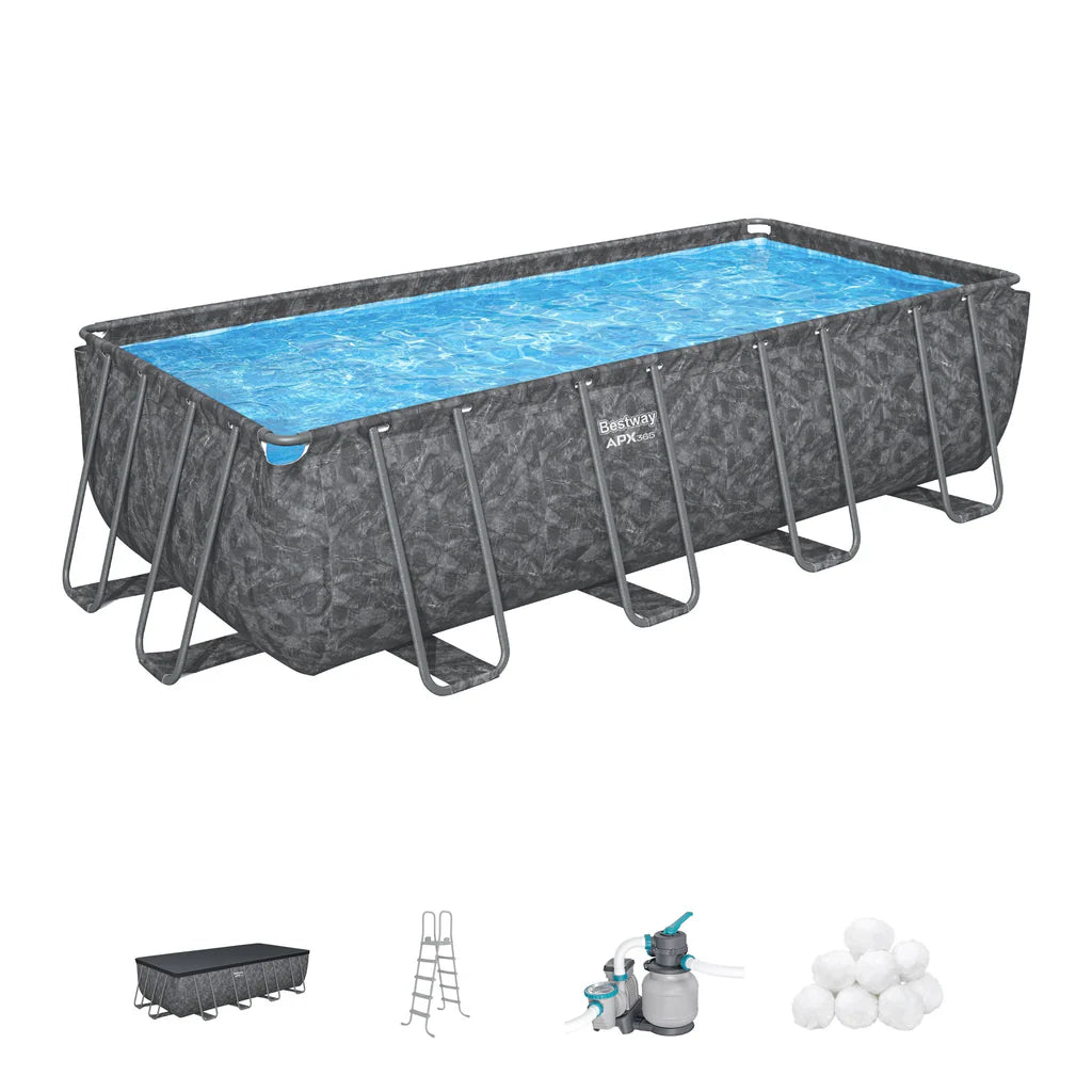 Rectangular above-ground pool with accessories