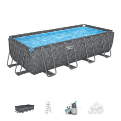 Rectangular above-ground pool with accessories