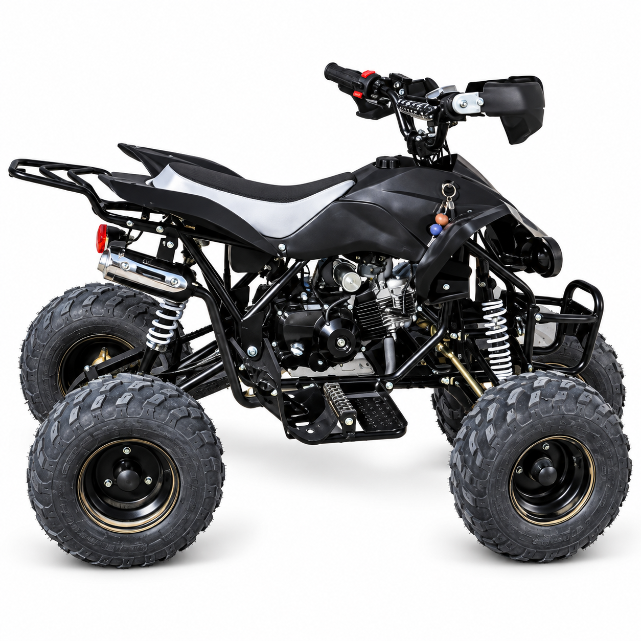 A black and silver mini ATV with knobby off-road tires, a black seat, and a black frame.