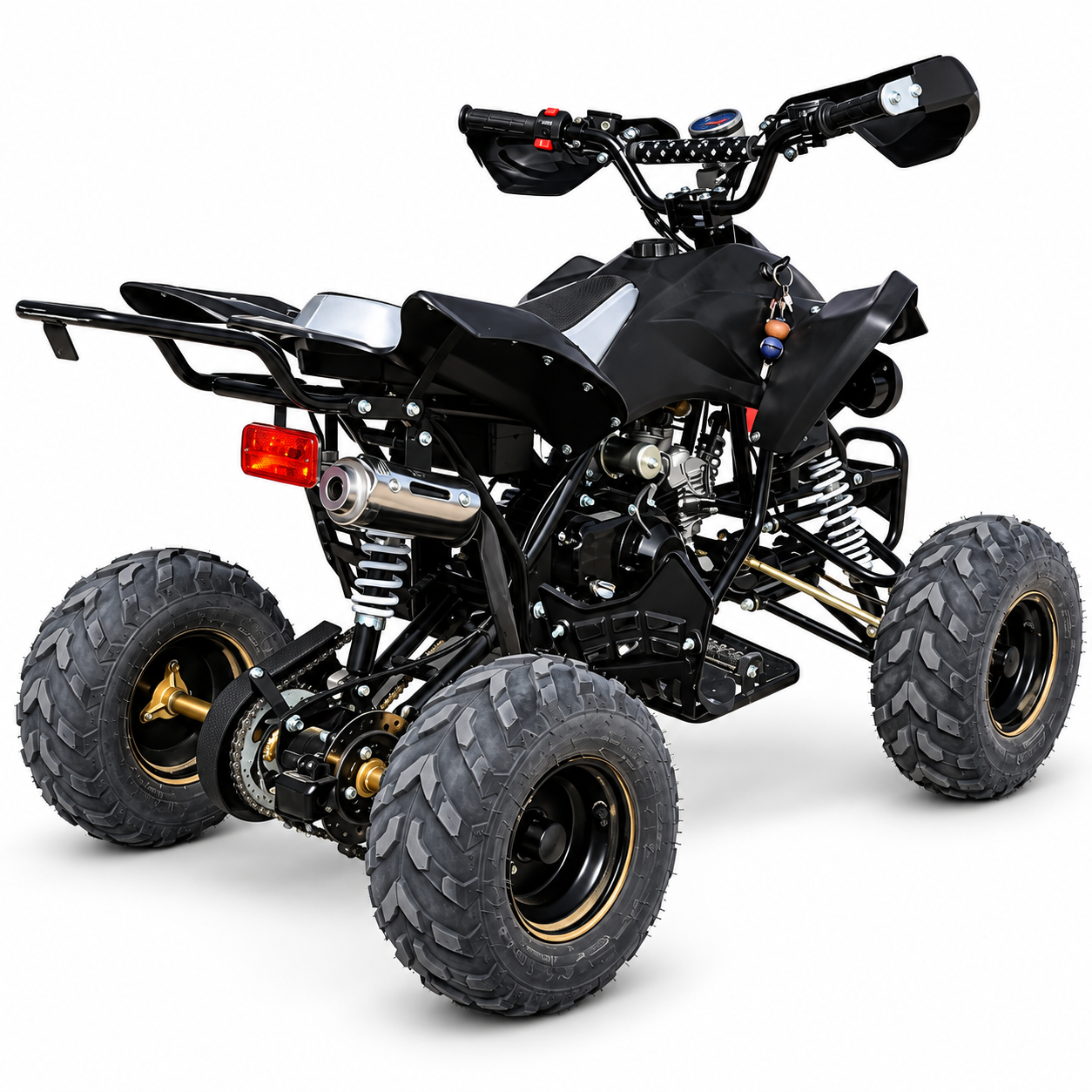 A black mini ATV with rugged off-road tires, gold-rimmed wheel accents, and a silver exhaust pipe.