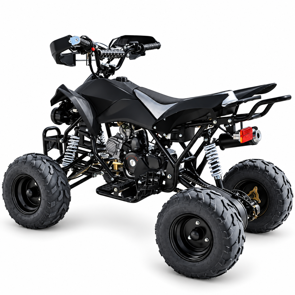 A black mini ATV with a visible engine, rugged off-road tires, and a rear cargo rack.