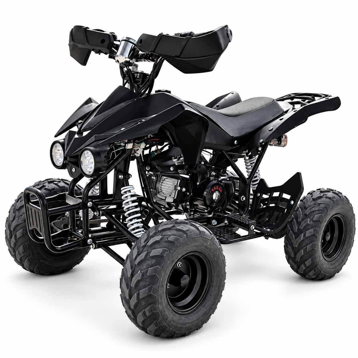 A black mini quad bike ATV with rugged off-road tires, a black seat, and a visible engine.