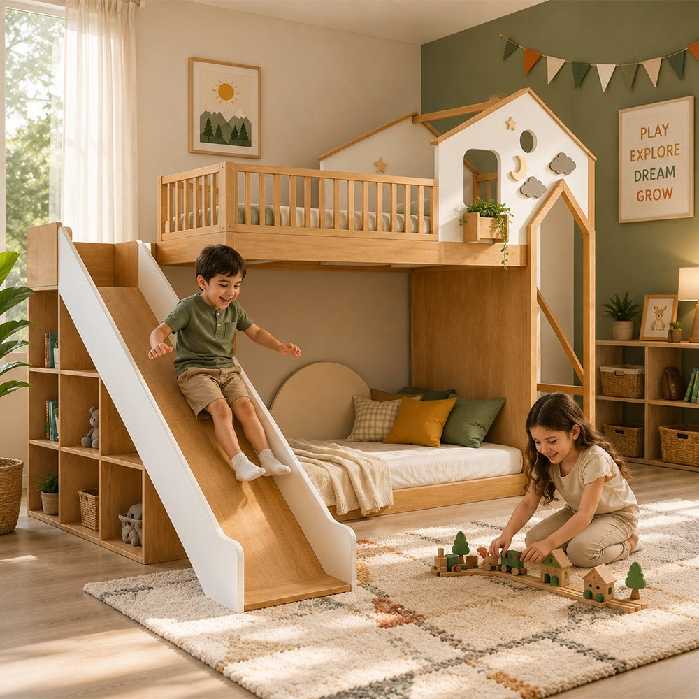 A kid's bedroom featuring a house-shaped Customized wooden bunk bed with an integrated slide