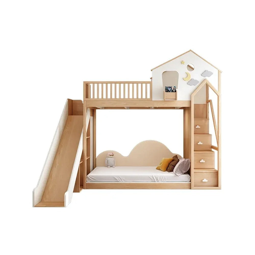 A bed with a house-shaped upper bunk, a slide and built-in stairs