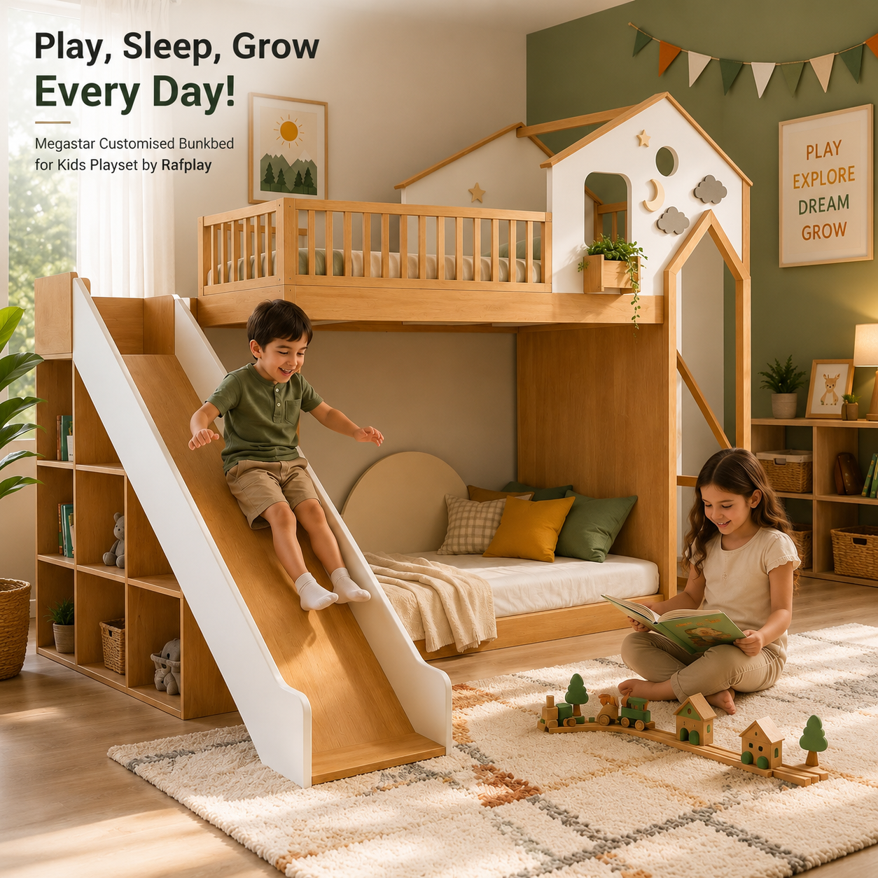 Bunk bed with a Customized wooden slide and loft bed, shown in a styled bedroom with two kids using it