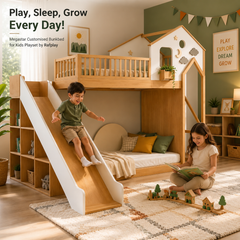 Bunk bed with a Customized wooden slide and loft bed, shown in a styled bedroom with two kids using it