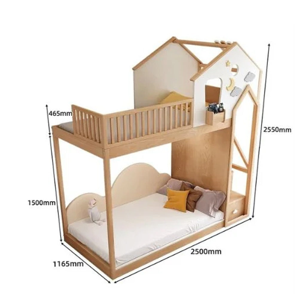A house-shaped wooden bunk bed with dimension labels 