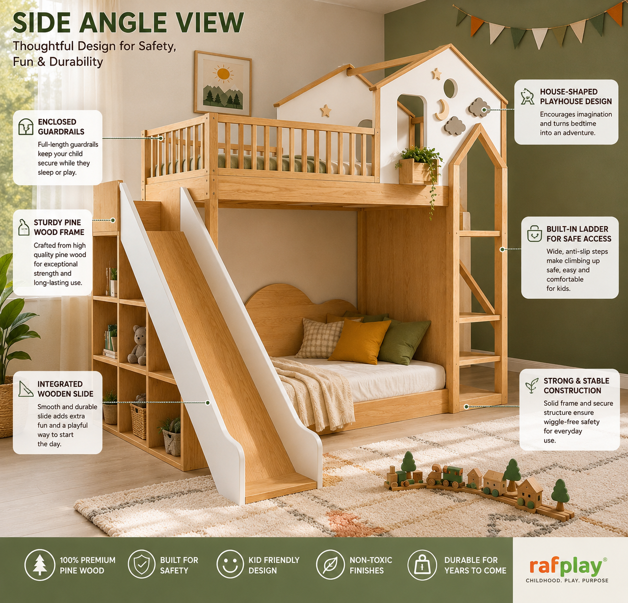 A customised house-shaped wooden bunk bed with an attached slide and ladder