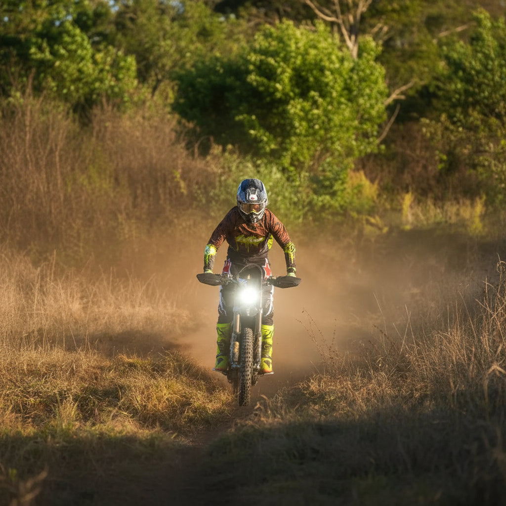A person riding a Pit bike through a dusty trail 