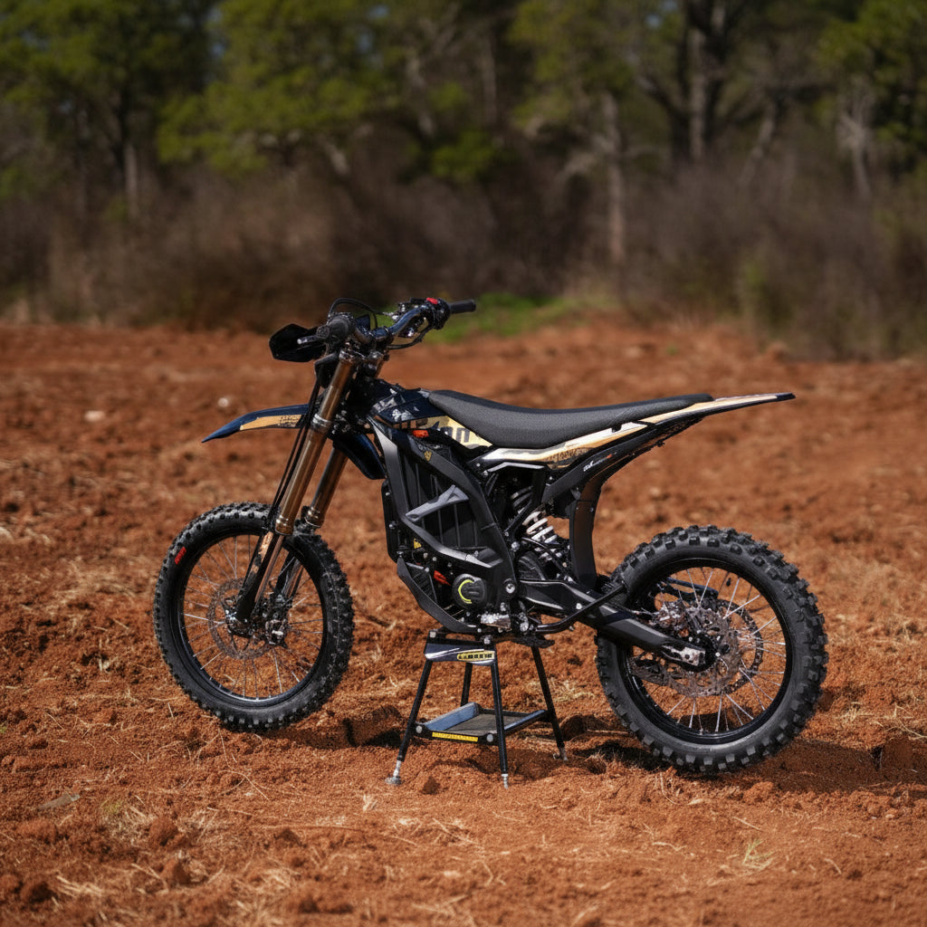 Motorcycle on a stand in a dirt field