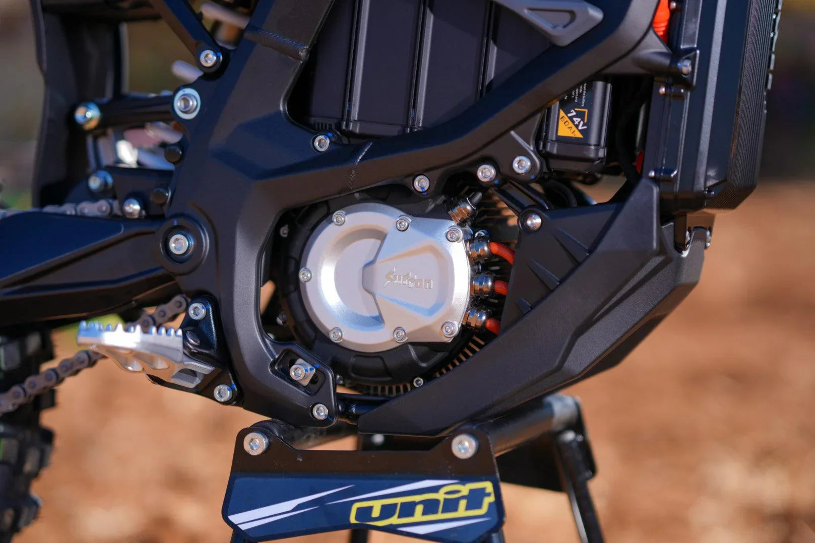 Close-up of a motorcycle engine and chain