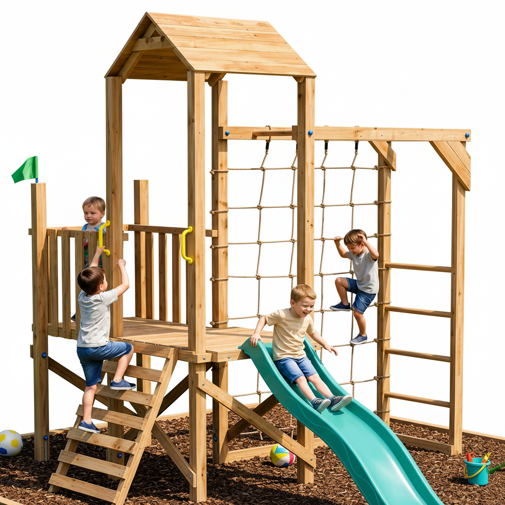 A large wooden children's playground structure with a platform, rope net, ladder, climbing wall, stairs, and a teal slide