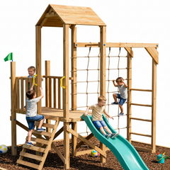 A large wooden children's playground structure with a platform, rope net, ladder, climbing wall, stairs, and a teal slide