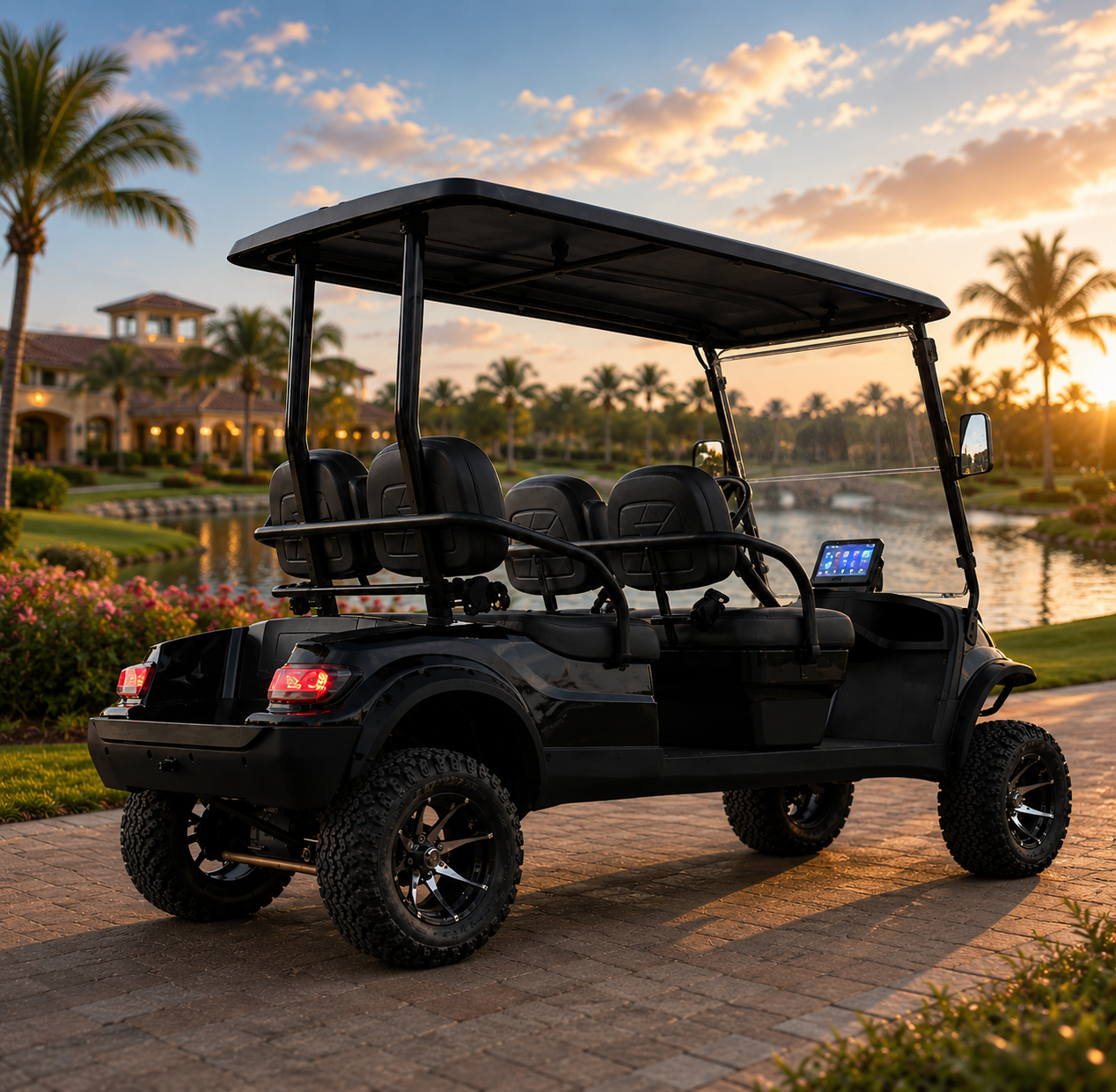 Black keon golf premium cart  with LCD Screen on a paved path with palm trees 