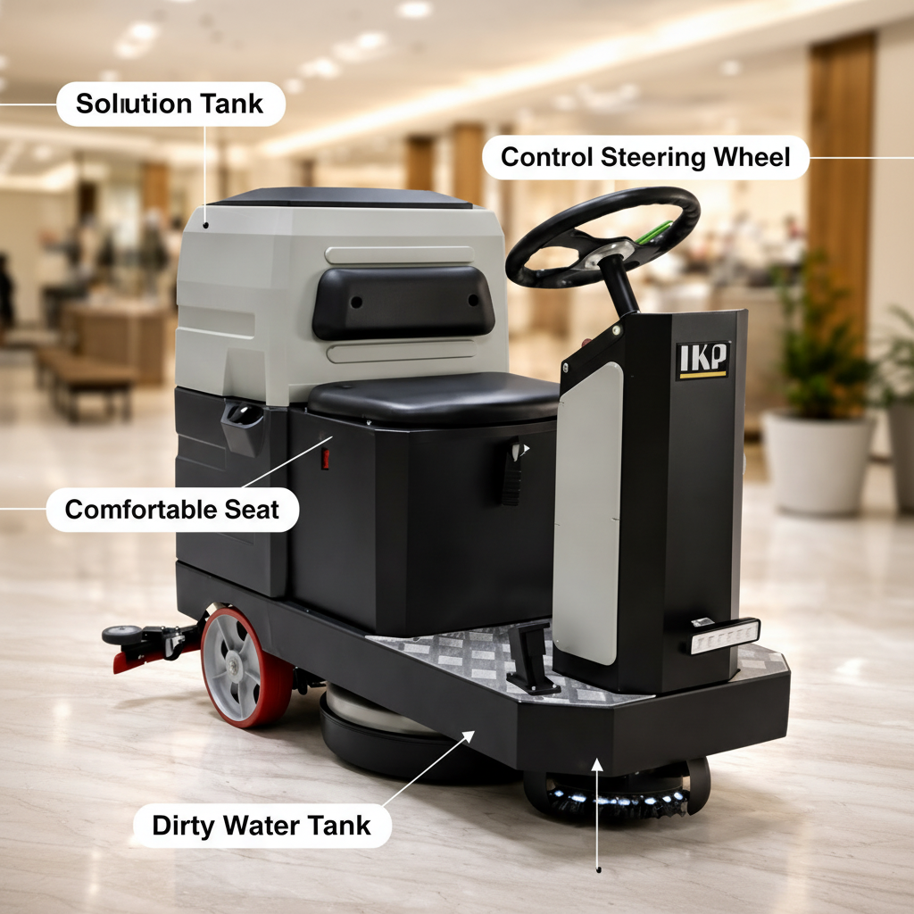 Floor cleaning machine with labeled parts on a polished floor.