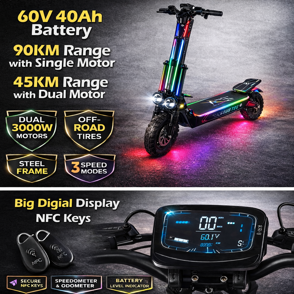 Megawheels Electric Scooter Night Fury Pro 60V 40AH Battery Dual Motor 6000 Watt Motor Power long range and High speed  Speed 90 Km/h