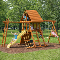 Kiddoro Discovery Den outdoors Monkey Bars wooden Swing Set treehouse with multiple activities 641 x 305 x 366 cm