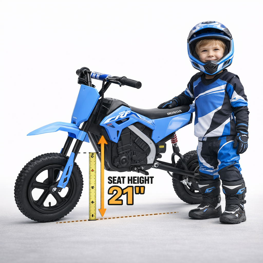 Child in blue gear standing next to a blue toy motorcycle with a measurement of seat height 21”