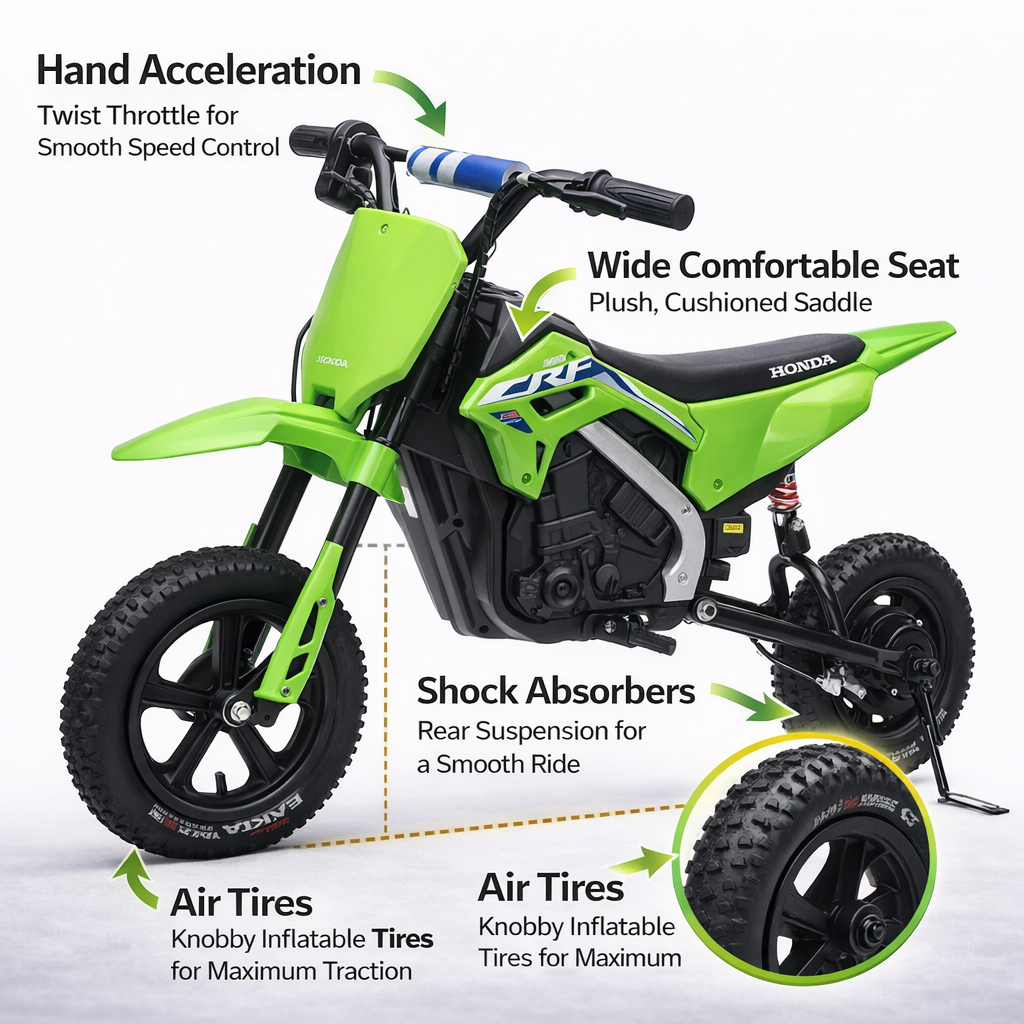 Green Honda dirt bike with features highlighted
