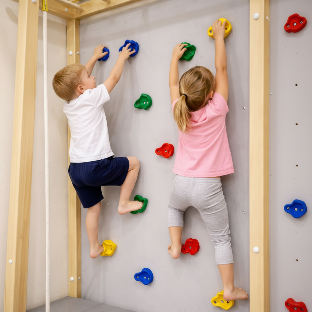 Two children climbing on a small indoor rock wall