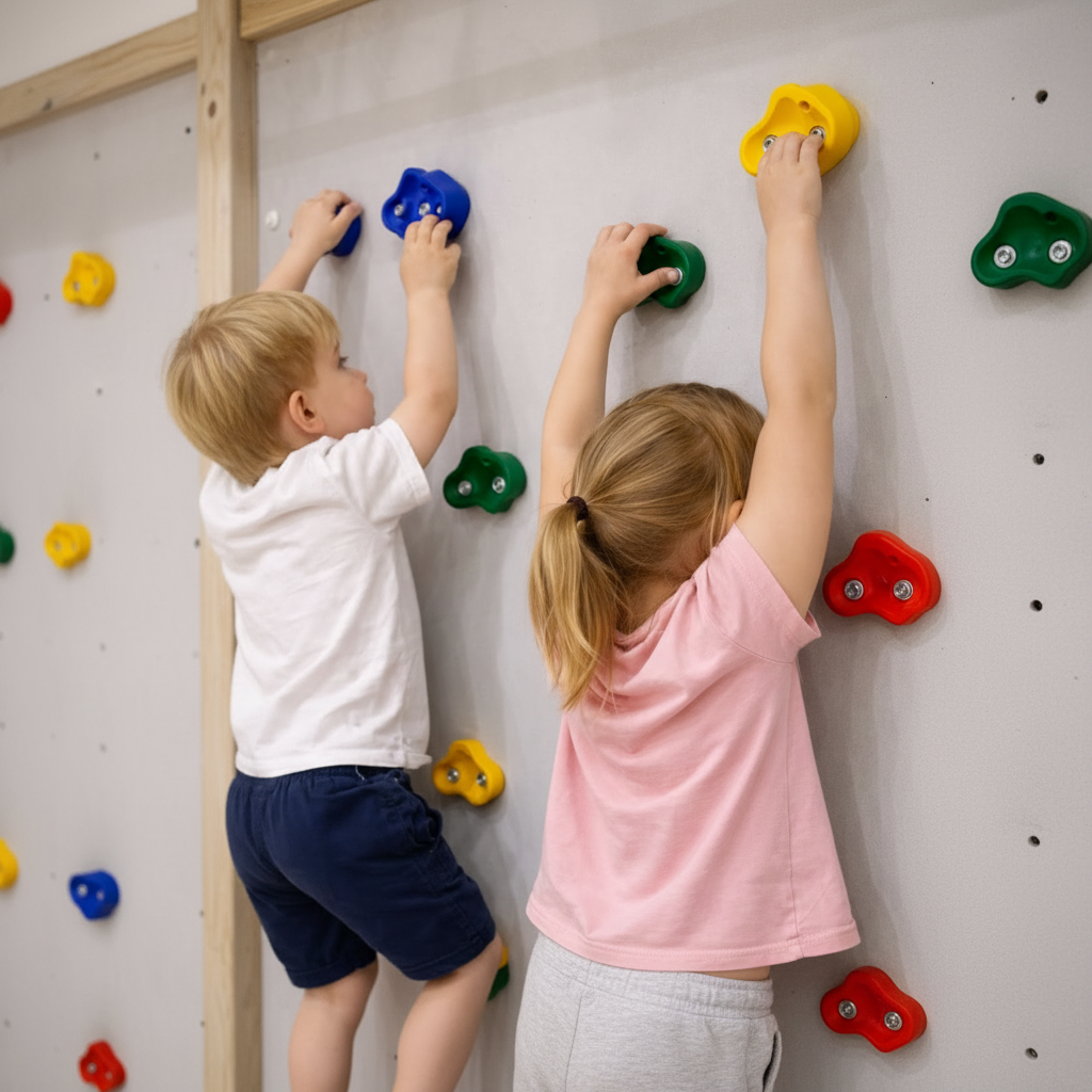 Two children are climbing on a wall