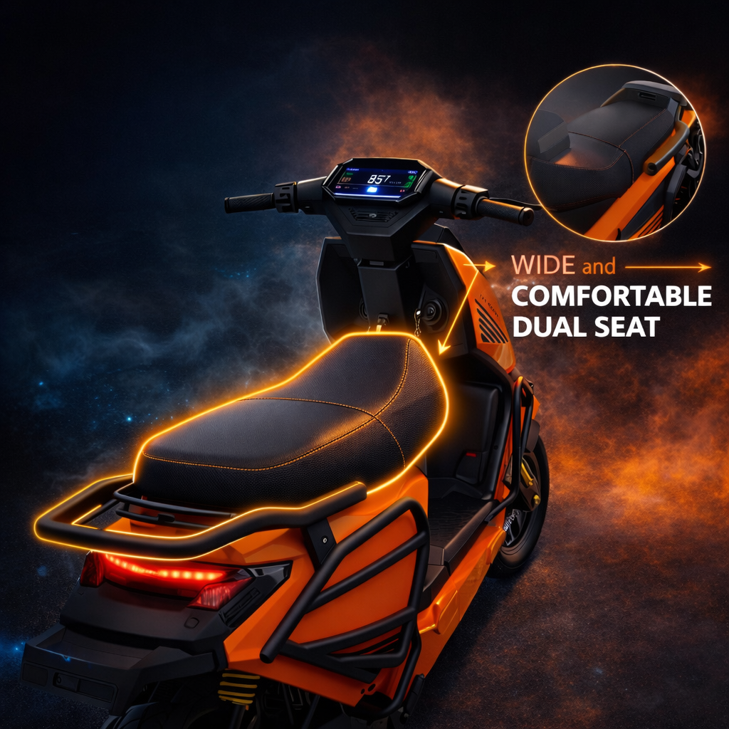 Orange Electric scooter with wide and comfortable dual seat feature