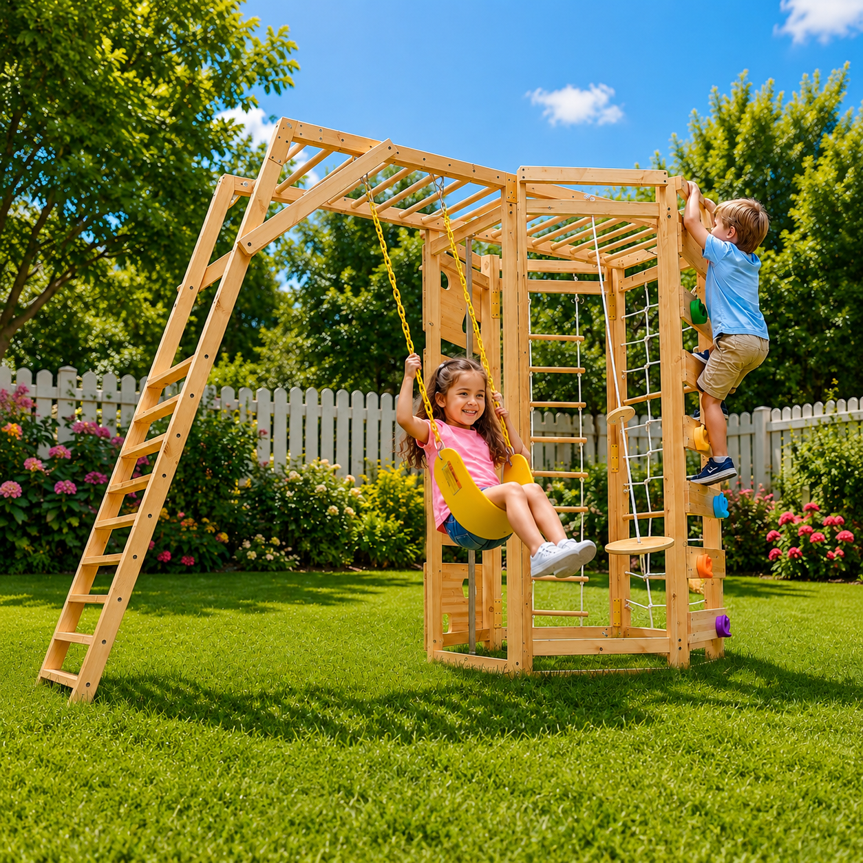 Megastar Custom Hawthorn 9-in-1 Wooden Outdoor Climbing Playground with Swing, Monkey Bars, Rope Climbing Wall & Activity Gym for Kids- 290 x 135 x 200 cms