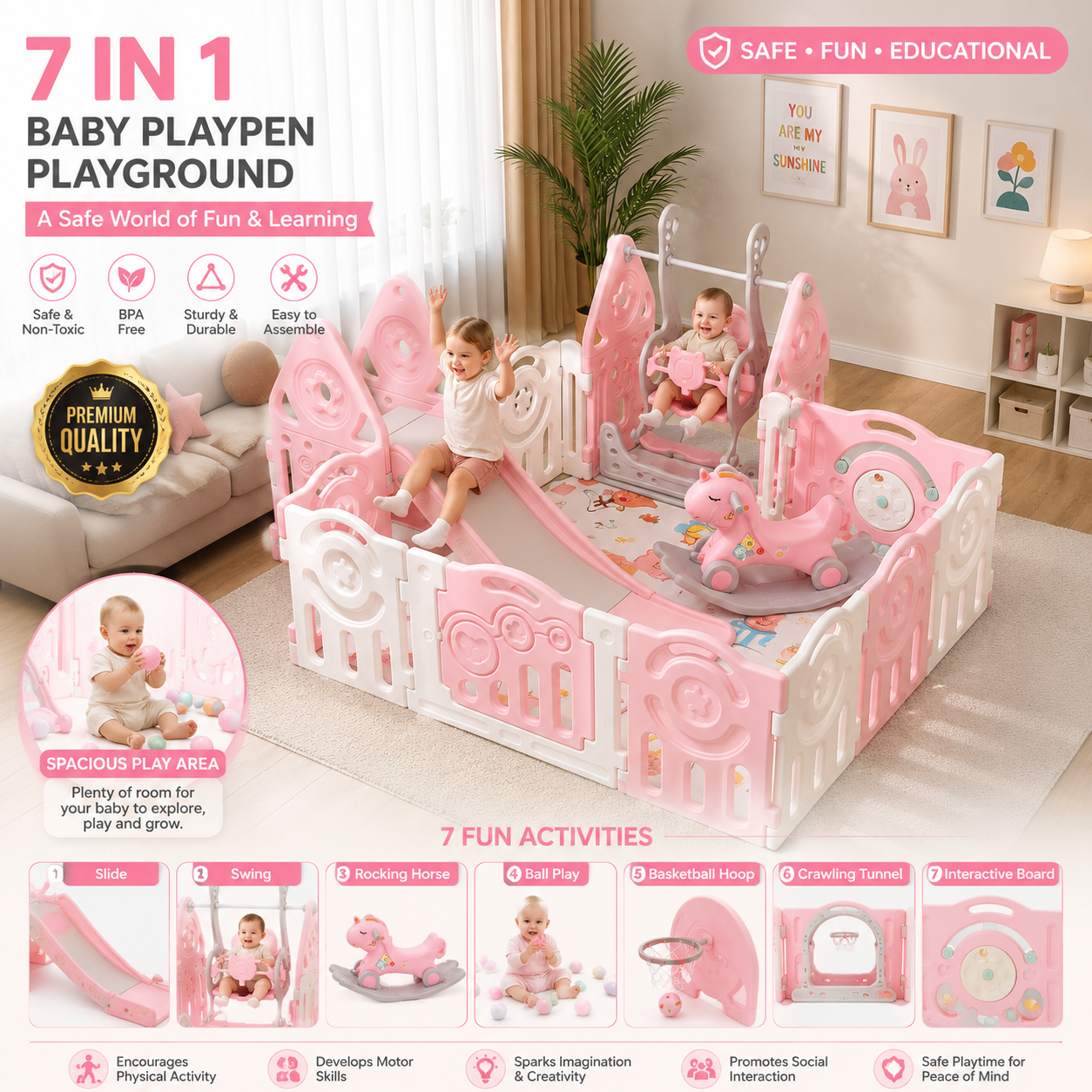 Megastar Baby Playpen Kids PlayPen 7 In 1 Swing Slide Seesaw Basketball Set With Play Mat, Size 180x150x60 CM