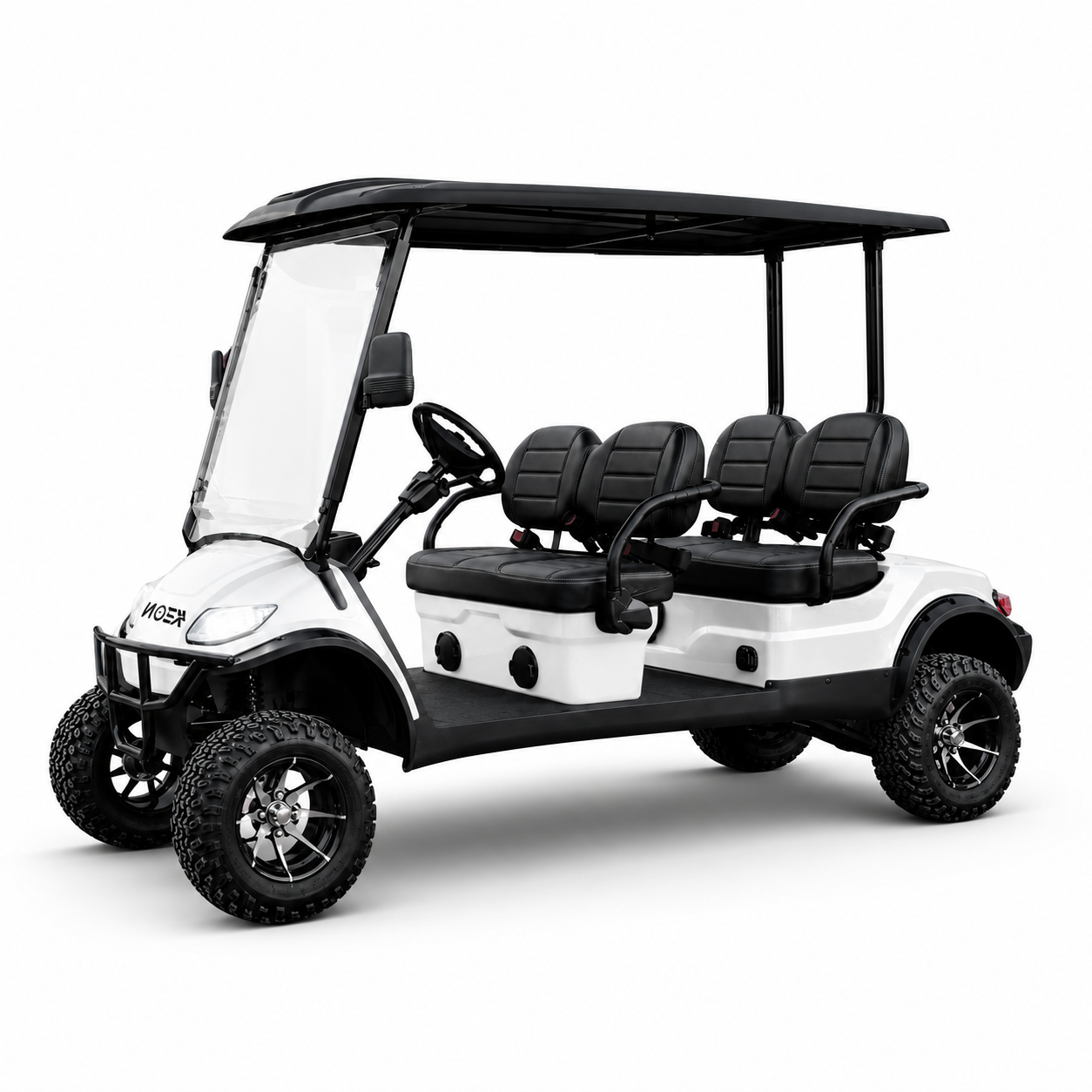 White Keon golf cart with black seats on a white background