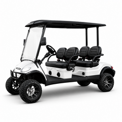 White Keon golf cart with black seats on a white background