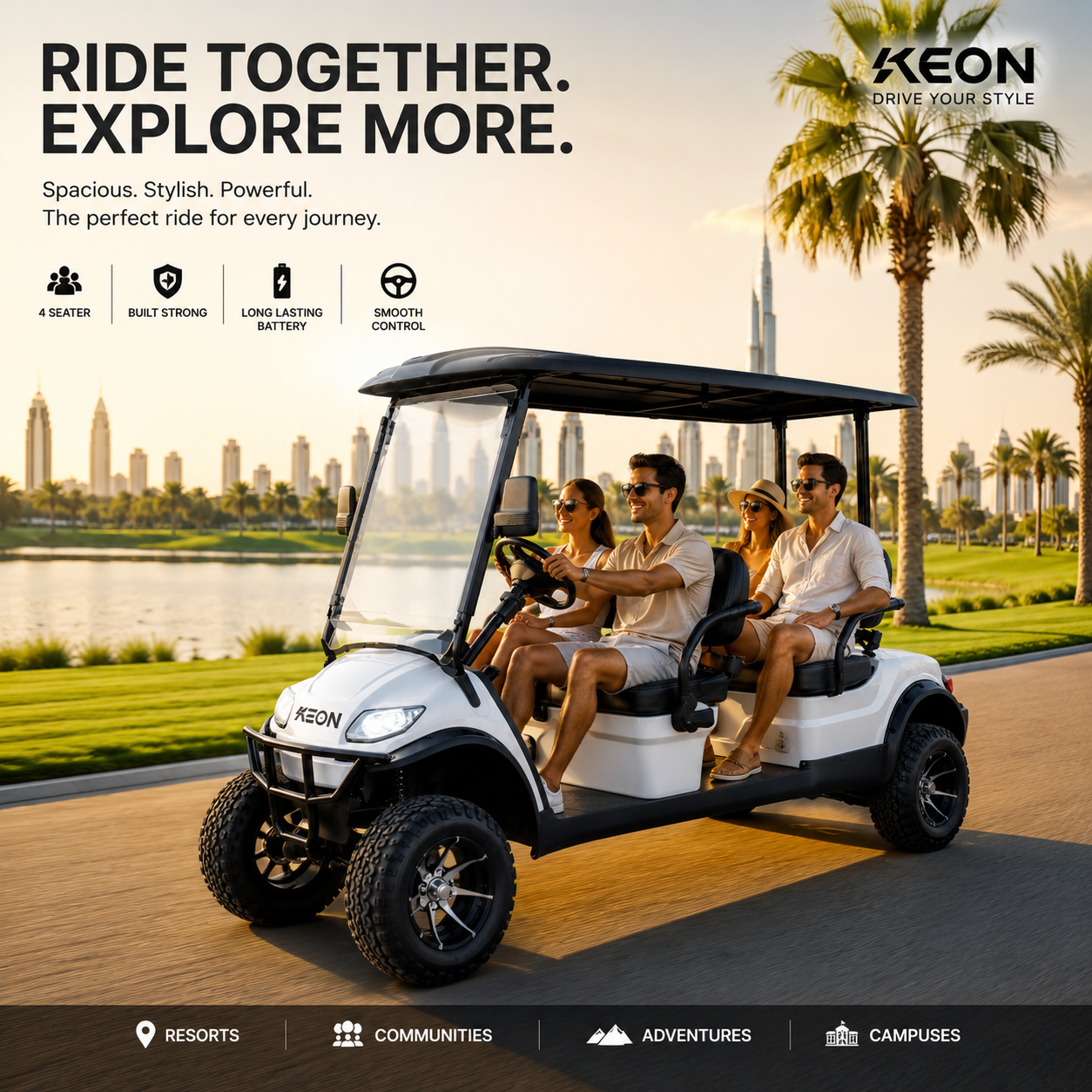 Keon golf cart with people on a path near palm trees and a city skyline.