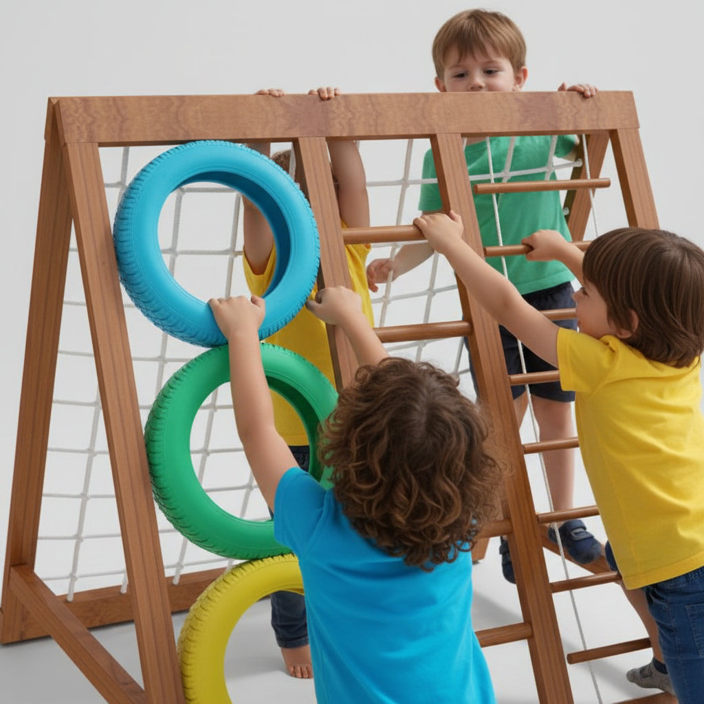 Wooden ladder game with colorful rings