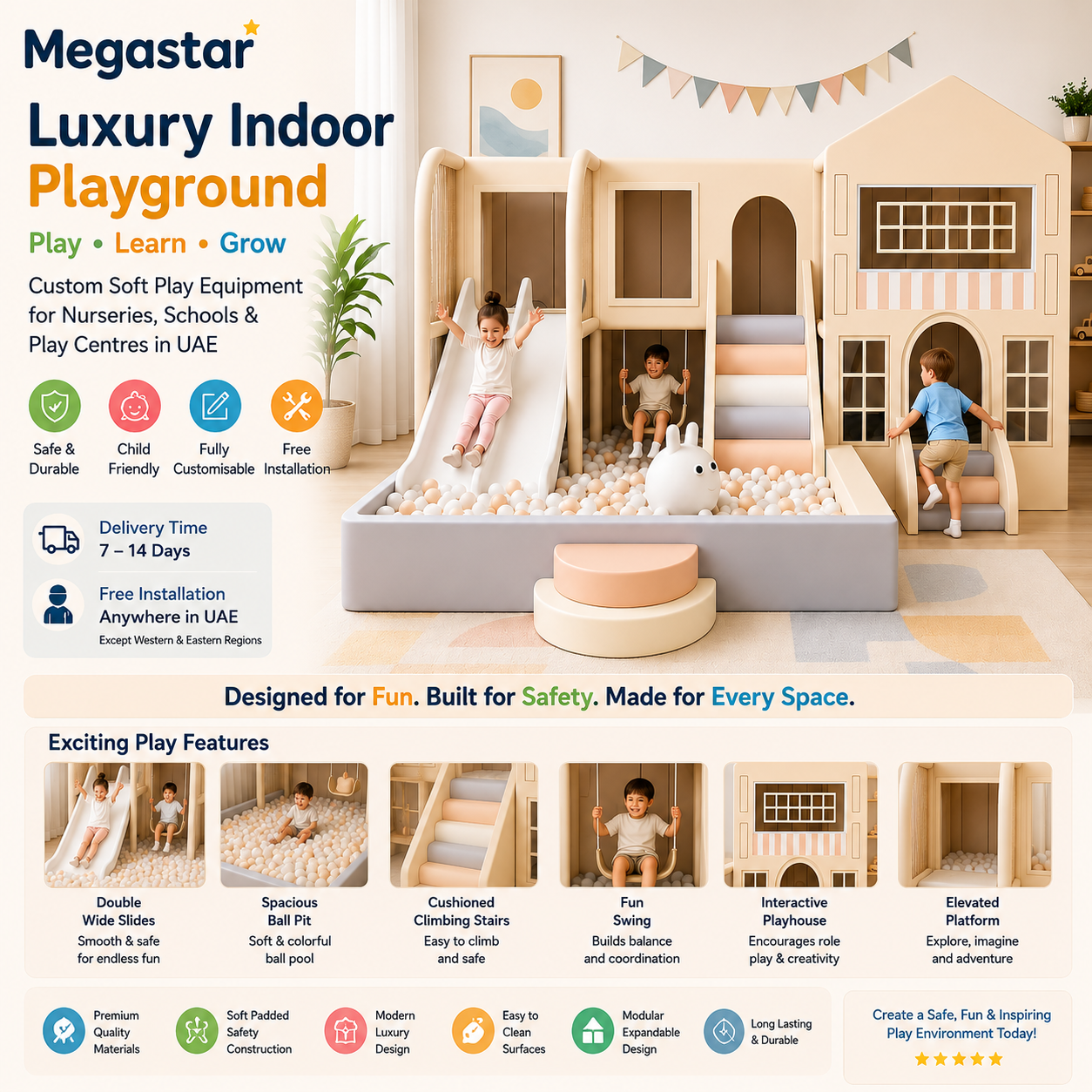 Megastar wooden playhouse with children playing inside, along with a feature 