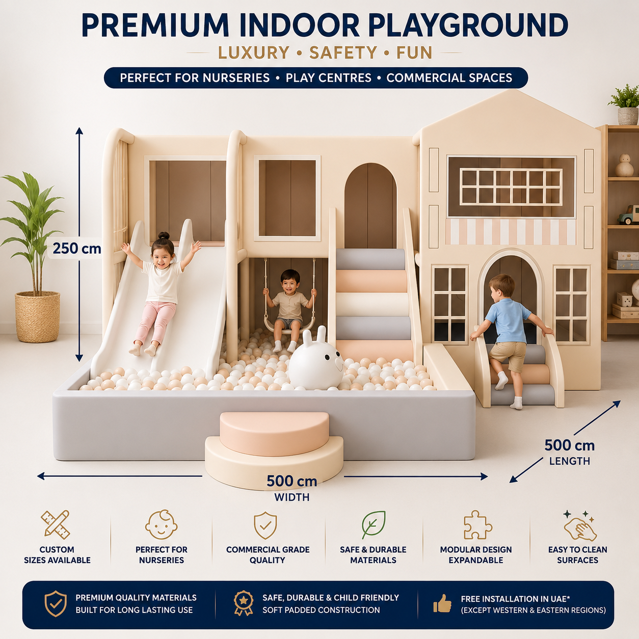 Indoor playground structure shown in a styled room with children playing and plus a measurement feature
