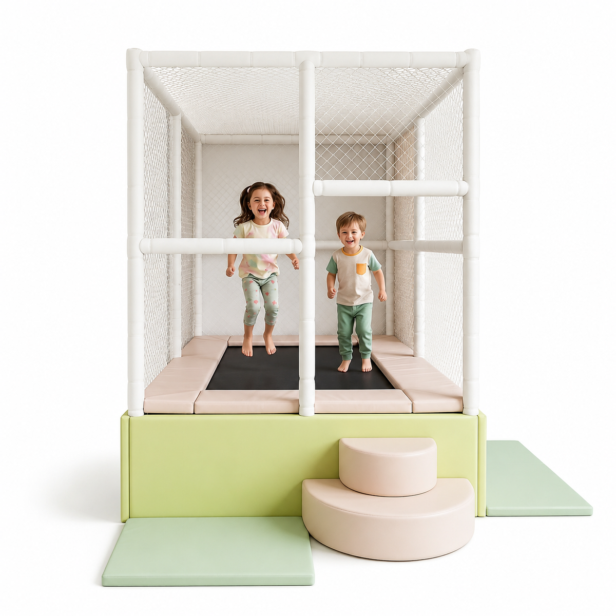 Kid's 6 x 9 ft customised indoor trampoline with safety net and soft steps for kids