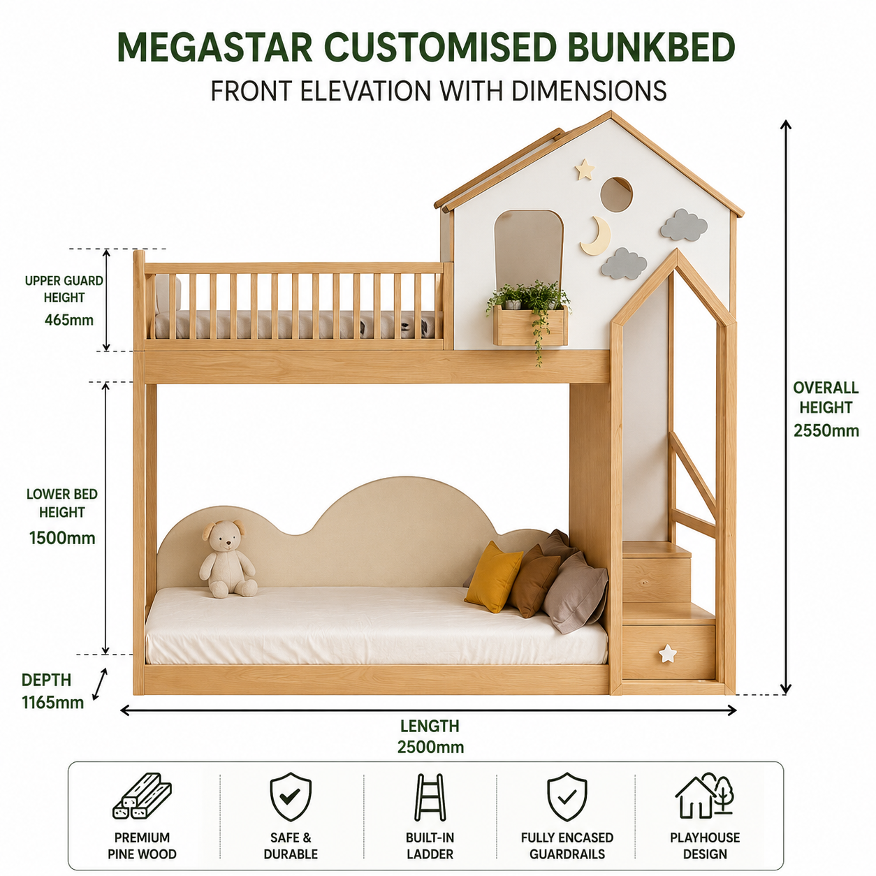 Customised wooden bunk bed with dimensions labelled