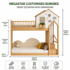 Customised wooden bunk bed with dimensions labelled