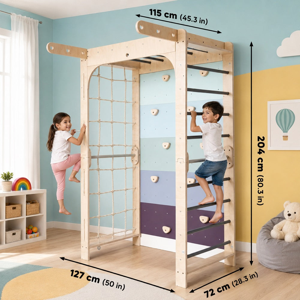 Kids enjoying a wooden climbing sensory gym with rope ladder, net and gymnastic rings showing measurements 