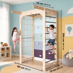 Kids enjoying a wooden climbing sensory gym with rope ladder, net and gymnastic rings showing measurements 